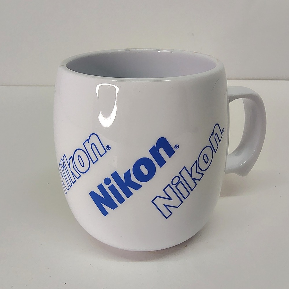 Nikon Coffee Mug White Plastic Blue Logo Photography Collector Cup Vintage